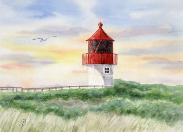 Postkarte DIN-A5 Aquarell Maritim Kunst Druck Kunstdruck Nordsee Amrum  Seezeichen  Quermarkenfeuer Sonnenuntergang - Amrum4